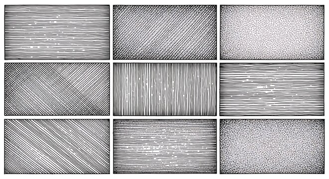 Nine abstract black and white textured squares arranged in a grid pattern with varying line work