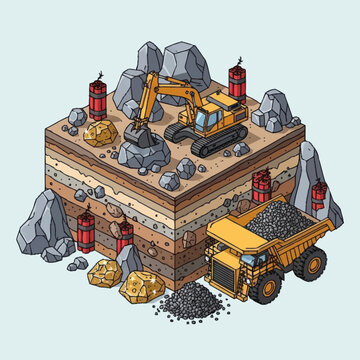 Isometric mining operation with excavator and dump truck illustration.
