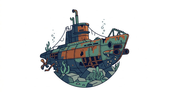 Vintage Submarine Illustration Underwater Scene.