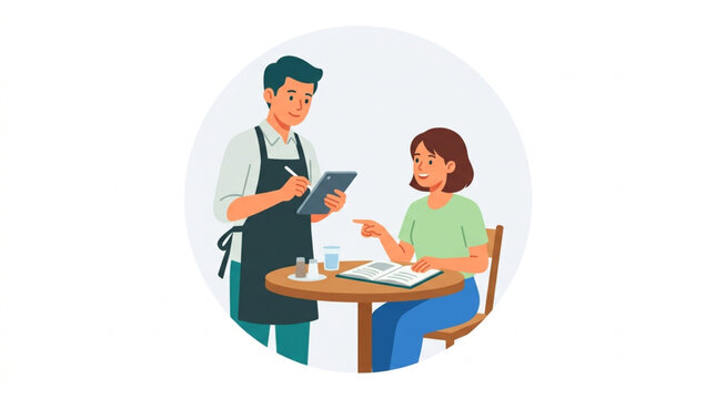 Waiter taking order from customer at cafe table.