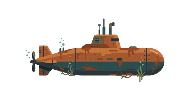 Vintage orange submarine underwater with rust and barnacles.