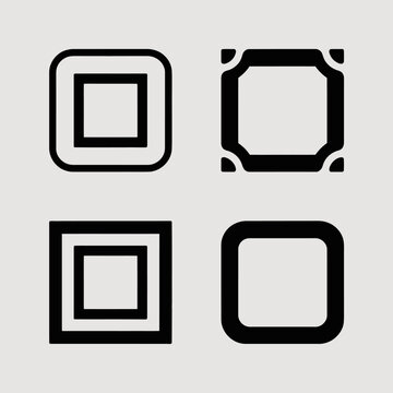 Four minimalist black square icons on a gray background