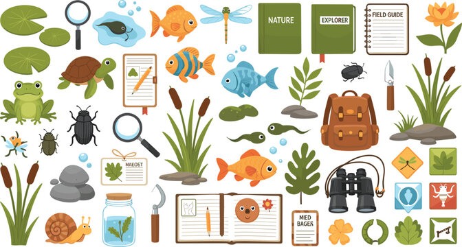 Wetland pond ecosystem exploration vector elements set featuring frogs fish turtles and scout gear for environmental education marketing material