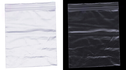 Transparent plastic zipper bag mockup, clear polyethylene sealable pouch on white and black background, empty wrinkled ziplock bag for product packaging © Mx 