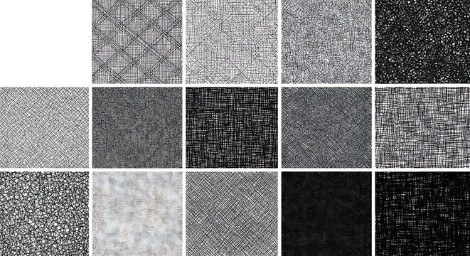 Abstract black and white grid of textured squares creating a chaotic and distressed background pattern