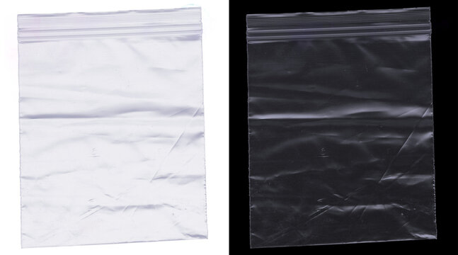 Transparent plastic zipper bag mockup, clear polyethylene sealable pouch on white and black background, empty wrinkled ziplock bag for product packaging