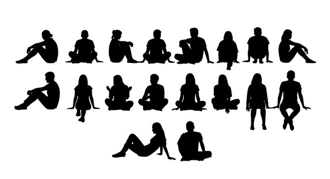 Collection of diverse silhouette figures of people sitting and relaxing in various poses and positions