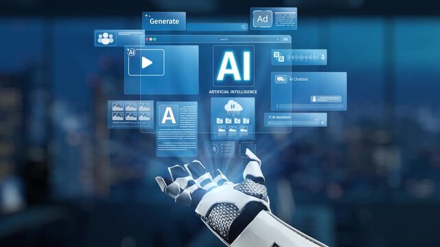 A robotic hand showcases a vibrant digital interface filled with diverse graphical representations of artificial intelligence, highlighting innovation and technology advancement. Synapse