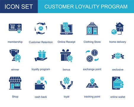 customer loyality program icon collection set. with membership,Customer Retention,Online Receipt,Clothing Store,home delivery,winner,loyalty program
