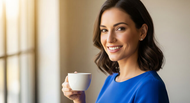 Cheerful businesswoman holding coffee cup in office perfect for corporate break concept and professional lifestyle