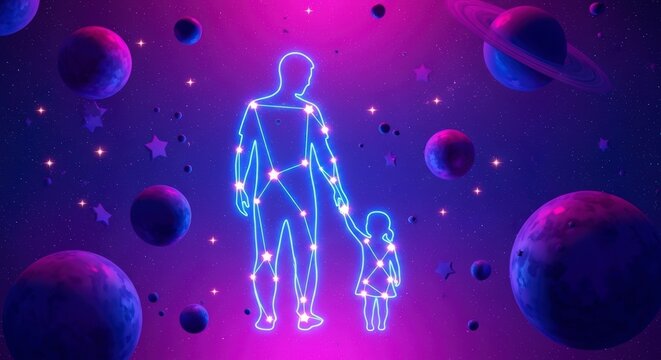 Father and Child Silhouette Connected by Stars in Cosmic Nebula.