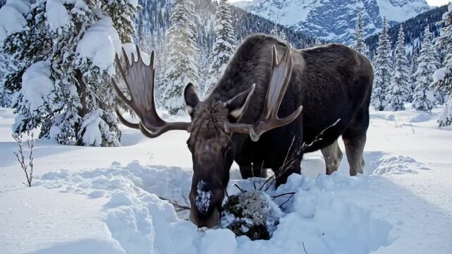 Bull moose searches for food under snow in a forested area during winter season