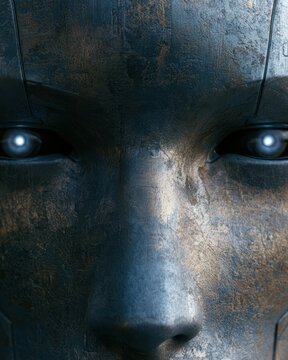AI robot face closeup, glowing cyber eyes, futuristic metallic texture details