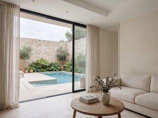 Fototapeta premium Coastal Pool Villa Sitting Room with Tropical Garden Terrace