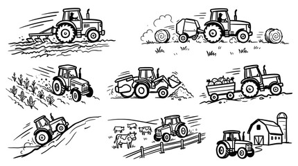 Farm Tractor Collection: Cultivating, Harvesting, Livestock, Rural Life Scenes © Wagiman Studio