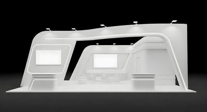 Modern White Exhibition Stand with Illuminated Screens and Abstract Design on a Dark Background.