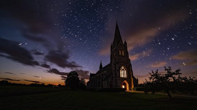 Timelapse of church in Normandy with clouds and sunset at evening