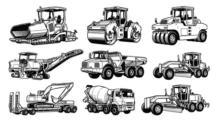 Obraz premium Construction Vehicle Set: Road Roller, Grader, Excavator, Cement Mixer, Paver