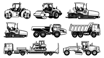 Obraz premium Set of construction vehicles and heavy machinery illustrations, isolated on white background.