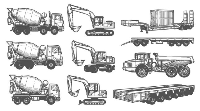 Construction Vehicle Set: Excavator, Cement Mixer Truck, Flatbed Trailer, Dump Truck, Sketch Style