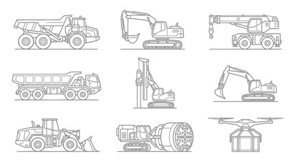 Obraz premium Heavy Construction Equipment Icons Set: Trucks, Excavators, Cranes, Loaders, Drills, Tunnel Boring Machines, Drones