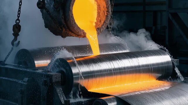 Medium shot of molten aluminum being poured into a twinroll caster highlighting the metallic rolls shaping the strip under industrial lighting.