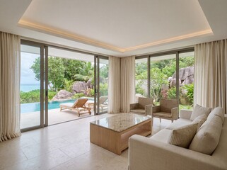 Fototapeta premium Luxury Pool Villa Living Room with Large Window Pool View