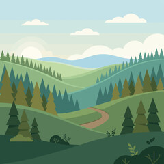 Scenic landscape vector illustration with rolling hills and coniferous trees © MujahidulIslam