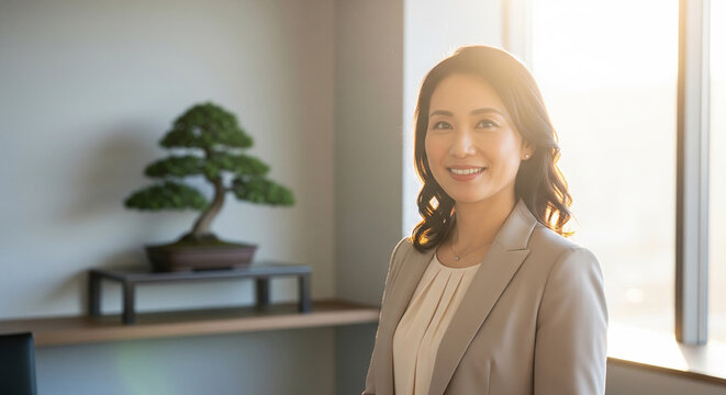 Happy asian businesswoman smiling in modern office with bonsai perfect for corporate workplace and professional wellness