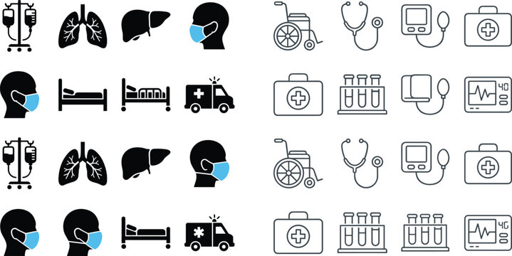 Here are the SEO-optimized title and keywords for your medical glyph and line icon set, formatted exactly for your Adobe Stock upload.