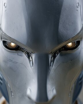 AI robot face closeup, glowing cyber eyes, futuristic metallic texture details