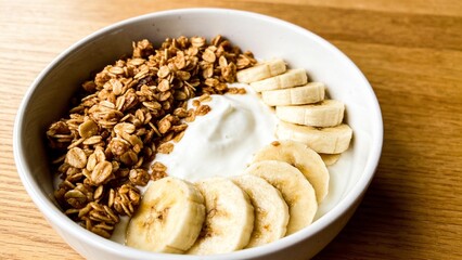 Fototapeta premium Nutritious breakfast arrangement with yogurt, granola and ripe banana slices, top-down view.