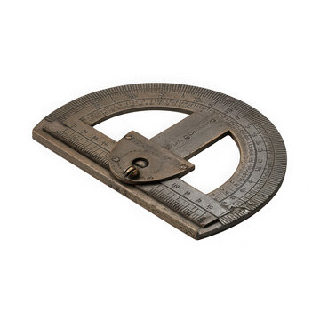 Old metal protractor on white surface