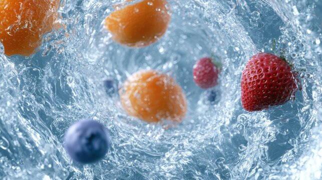 Transparent splash tunnel with floating fruits, surreal beverage advertising, glossy realistic water motion