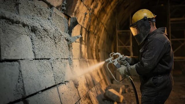 Closemedium angle of expert using specialized equipment to gun refractory material onto furnace surfaces highlighting precision in hightemperature repair.