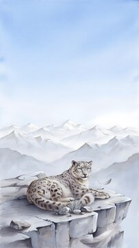 Snow leopard resting on rocky cliff, watercolor palette of icy blues, soft grays, and muted lavender tones, fur rendered with delicate brush layering, misty mountain background