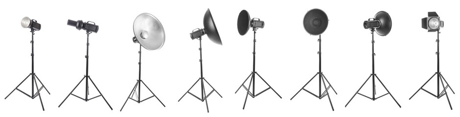 Professional studio lighting equipment collection with various reflectors and stands for photography and videography, each piece of gear is isolated © Pixel-Shot