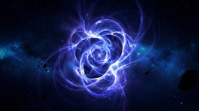 Blue plasma swirl forming an energetic nuclear fusion core with bright electric arcs in space