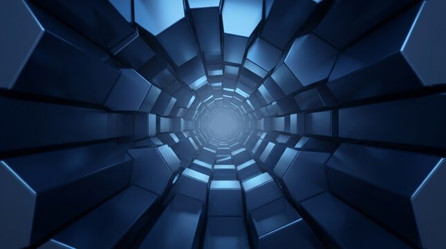 Hexagonal prism array shaping a deep technological tunnel with converging perspective lines