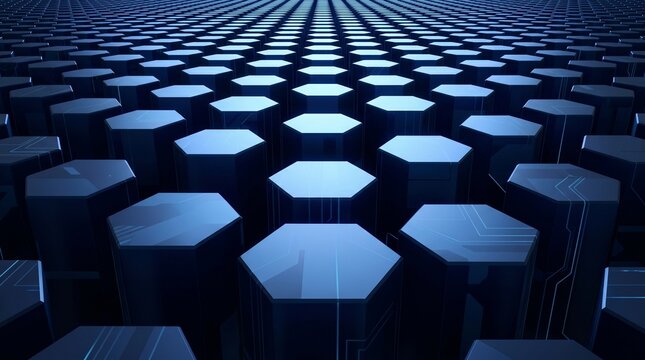 Hexagonal prism array in a wide digital field with integrated circuit patterns and blue lighting