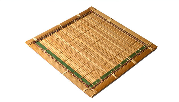 Square Bamboo Coaster with Green Trim Isolated on White Background.
