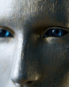 AI robot face closeup, glowing cyber eyes, futuristic metallic texture details