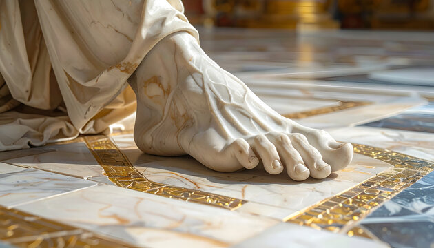 Close-up of a Marble Statues Foot Resting on an Ornate Tiled Floor.