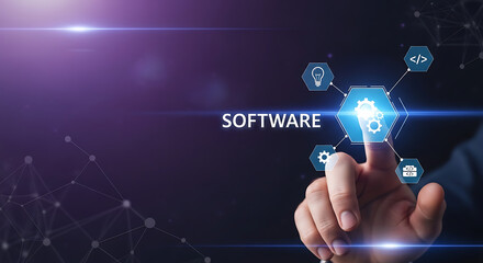 Obraz premium Close up of person hand interacting with glowing software interface touchscreen display selecting digital applications in dark room software business