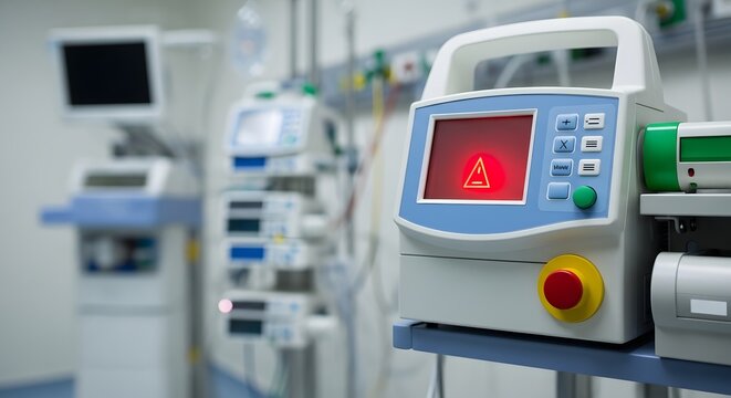 Medical ventilator machine with a red warning light in a hospital intensive care unit, symbolizing critical health conditions and advanced life support technology.