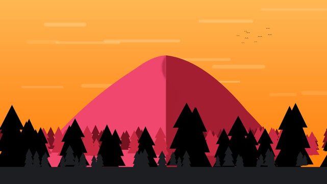 Animated Sunset Mountain Landscape Forest and Flying Birds Backgrounds