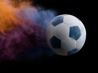 Fototapeta premium Soccer ball exploding through colorful powder splash, dynamic sports advertising, ultra realistic motion freeze