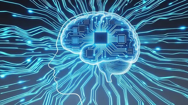 Human brain with circuitry and blue energy
