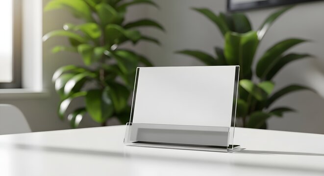 Blank white acrylic table tent sign on a modern office desk with blurred green plant in the background.