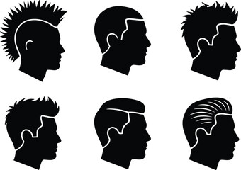 Men Hairstyle Silhouette Collection with Mohawk Pompadour Buzz Cut and Modern Barber Haircuts Vector Set © MDRAKIB